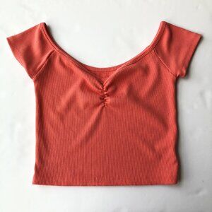 American Eagle Ribbed Cropped Top Size M Salmon Pink Scoop Neck Slim Fit Stretch